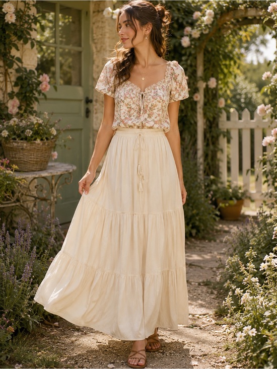 Joie Dresses & Skirts - Joie Cream Tiered Drawstring Maxi Skirt Size Small Boho Cottagecore